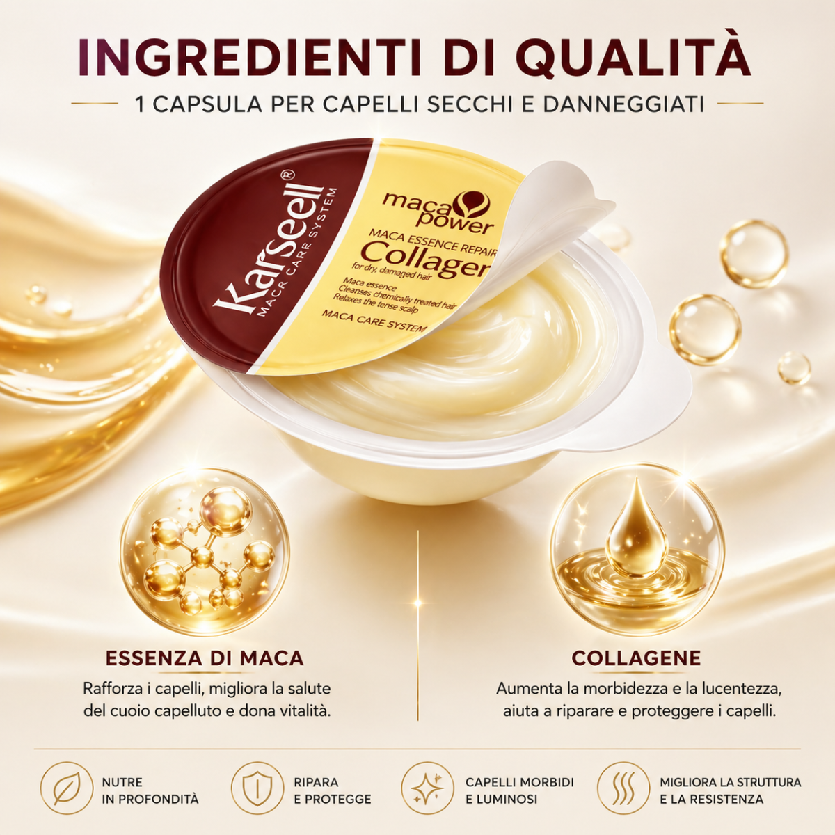 Karseell MACA CARE SYSTEM Maschera Capelli Collagene Monodose 12mlx8 – Riparazione Intensa, Anti Crespo, Idratazione Profonda Capelli Secchi e Danneggiati – Effetto Lucente Professionale