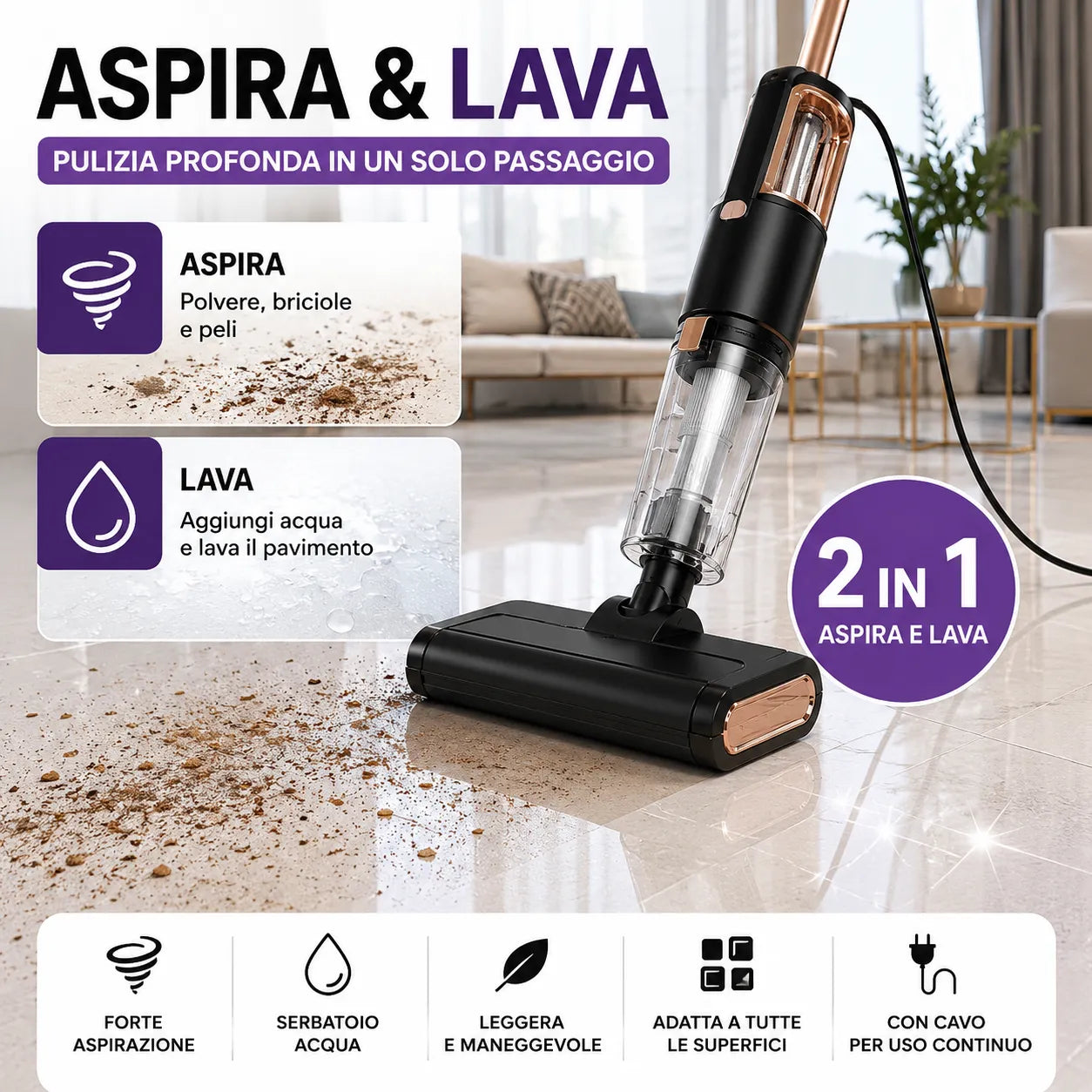 Scopa Elettrica Aspirapolvere con Filo Aspira e Lava 2 in 1 Portatile Mop con Serbatoio Acqua