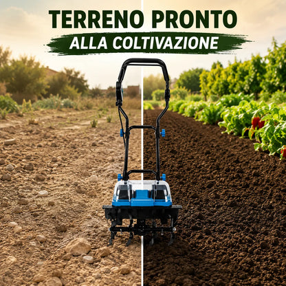 Motozappa Elettrica a Batteria Mukins NL-3579 88VF 550W con 2 Batterie al Litio, Coltivatore da Giardino Cordless, Larghezza Lavoro 30 cm, Profondità 20 cm, Manubrio Regolabile, 18000 giri/min