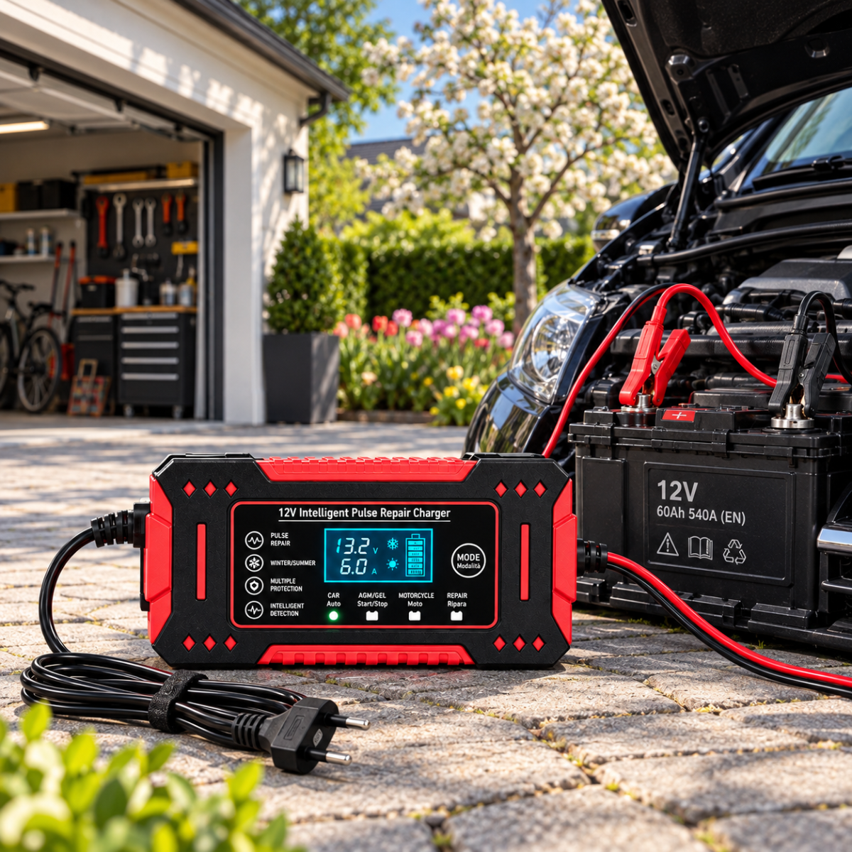 Caricabatterie Intelligente Auto e Moto 12V con Display Digitale LCD, Riparazione a Impulsi, Protezione Automatica e Morsetti – Nero e Rosso