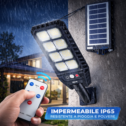 Lampione Solare LED 500W con Sensore di Movimento – Impermeabile IP65, Telecomando, Luce da Esterno per Giardino, Garage e Cancello