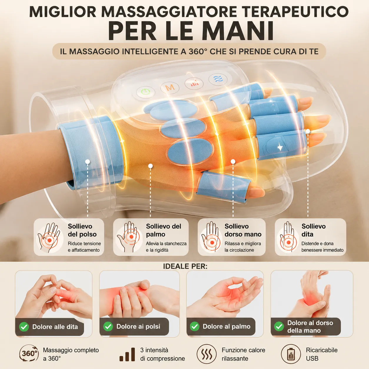 Massaggiatore Senza Fili per Mani con Calore e Compressione per artrite e sollievo dal tunnel carpale