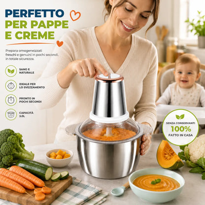Tritatutto Elettrico Multifunzione 300W 3L in Acciaio Inox – 4 Lame – 2 Velocità – Mixer da Cucina per Carne, Verdure, Frutta Secca e Pesto