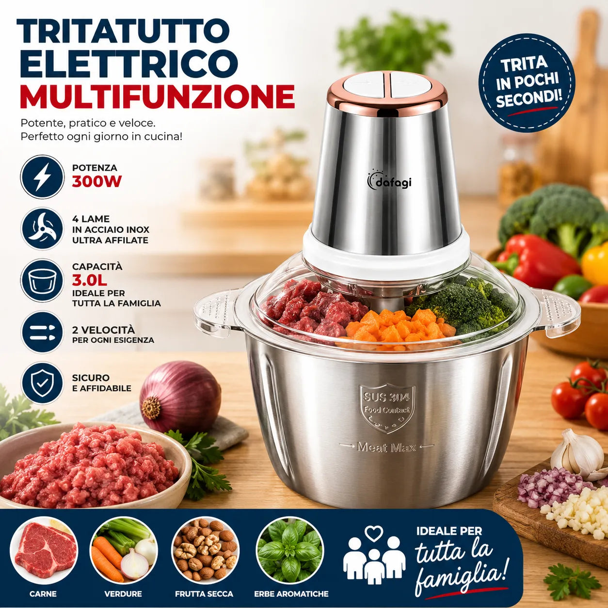 Tritatutto Elettrico Multifunzione 300W 3L in Acciaio Inox – 4 Lame – 2 Velocità – Mixer da Cucina per Carne, Verdure, Frutta Secca e Pesto