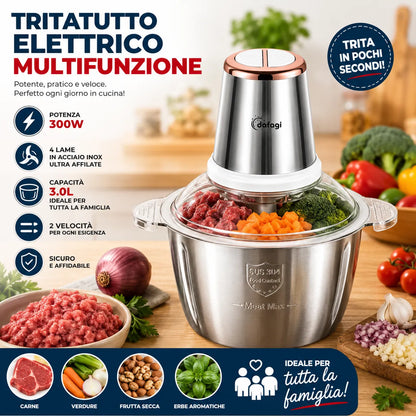 Tritatutto Elettrico Multifunzione 300W 3L in Acciaio Inox – 4 Lame – 2 Velocità – Mixer da Cucina per Carne, Verdure, Frutta Secca e Pesto
