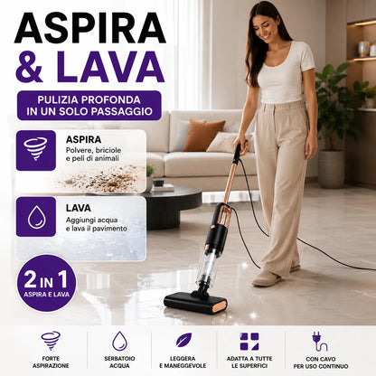 Scopa Elettrica Aspirapolvere con Filo Aspira e Lava 2 in 1 Portatile Mop con Serbatoio Acqua