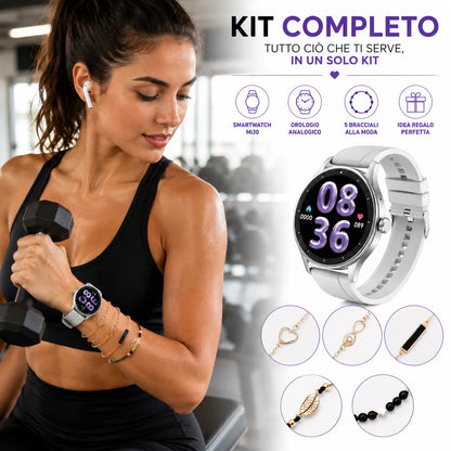 Beauty Miss Smartwatch AMOLED con Chiamate Bluetooth + Orologio – Kit Regalo Completo con 2 Cinturini e Set Bracciali, Fitness Tracker Android iOS