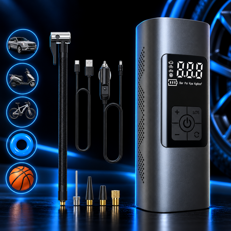 Mini Compressore Aria Portatile Elettrico Digitale con Display LCD, Gonfiatore per Pneumatici Auto, Moto, Bici e Palloni – Pompa con Batteria Ricaricabile, Funzione SOS e Accessori Inclusi