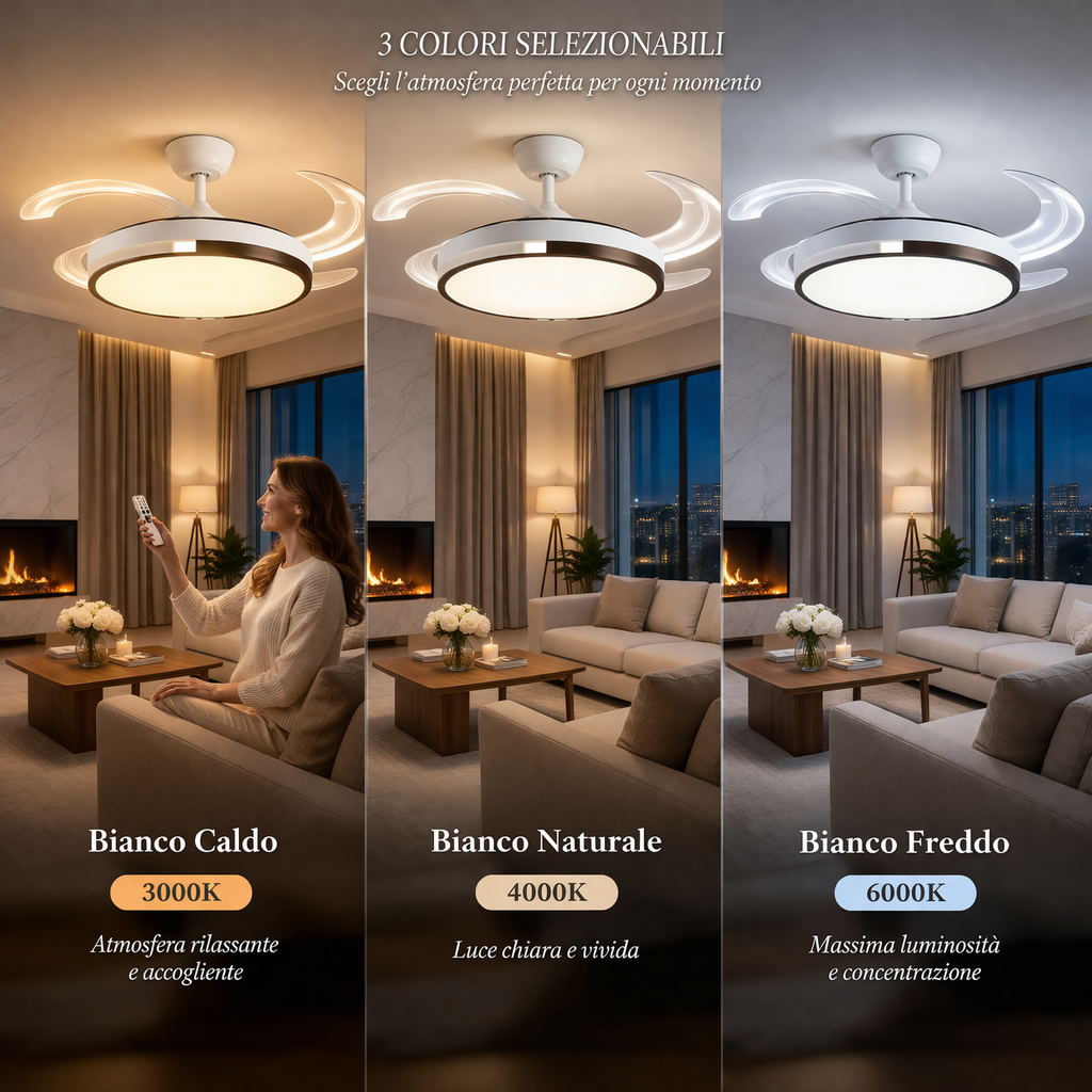 Ventilatore da Soffitto LED 120 cm con Telecomando – 6 Velocità Motore DC 72W, Pale Retrattili, Funzione Estate/Inverno, Silenzioso