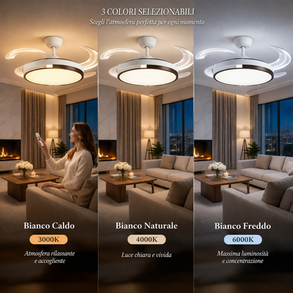 Ventilatore da Soffitto LED 120 cm con Telecomando – 6 Velocità Motore DC 72W, Pale Retrattili, Funzione Estate/Inverno, Silenzioso