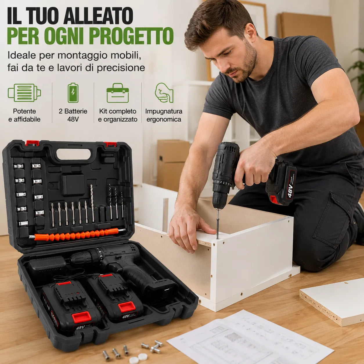 Trapano Avvitatore a Batteria 48V con Percussione – Kit Completo con 2 Batterie e Valigetta