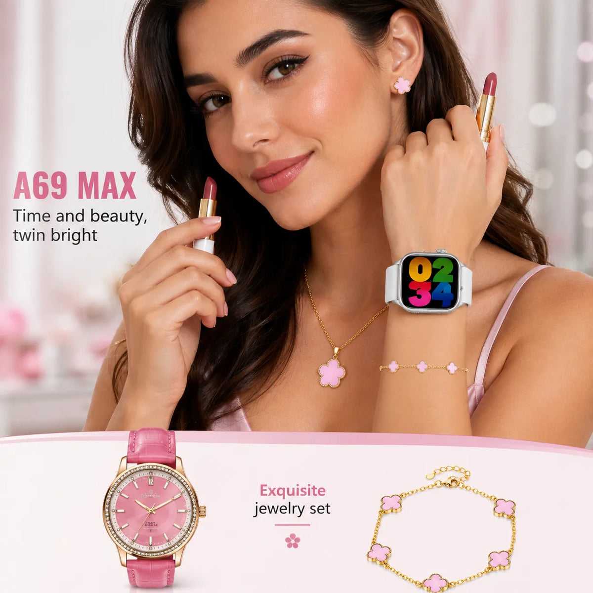 A69 MAX Smartwatch Donna Set Regalo Completo con Orologio Analogico, Gioielli, Cinturini e Accessori Beauty – Chiamate Bluetooth e Monitoraggio Attività