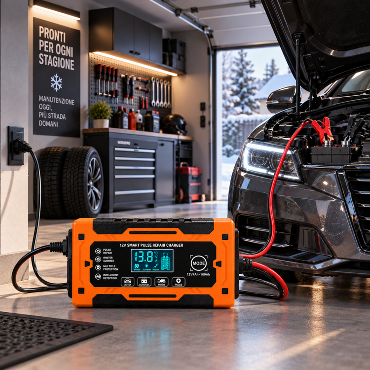 Caricabatterie Intelligente per Auto e Moto 12V 6A con Display Digitale LCD, Riparatore e Mantenitore di Carica per Batterie – Modello Q-DP350