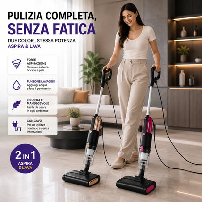 Scopa Elettrica Aspirapolvere con Filo Aspira e Lava 2 in 1 Portatile Mop con Serbatoio Acqua