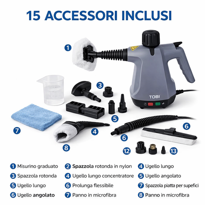 Pulitore a Vapore Portatile TB-967 1500W – 15 Accessori per Cucina, Bagno, Auto e Superfici Delicate