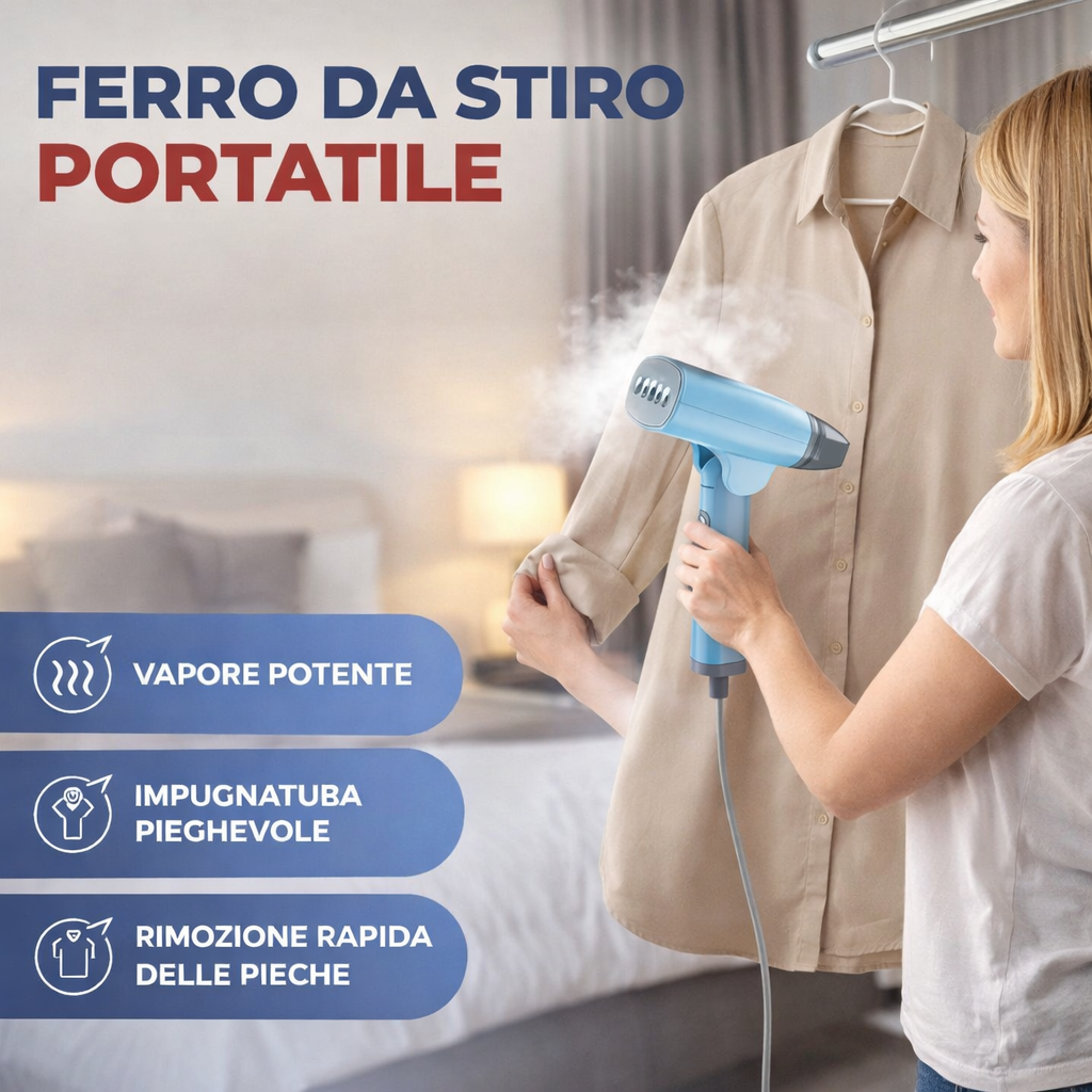 Ferro da Stiro Portatile a Vapore 1300W – Compatto e Pieghevole, Rimozione Rapida delle Pieghe, Ideale per Viaggio e Casa, Disponibile in Bianco, Azzurro e Verde