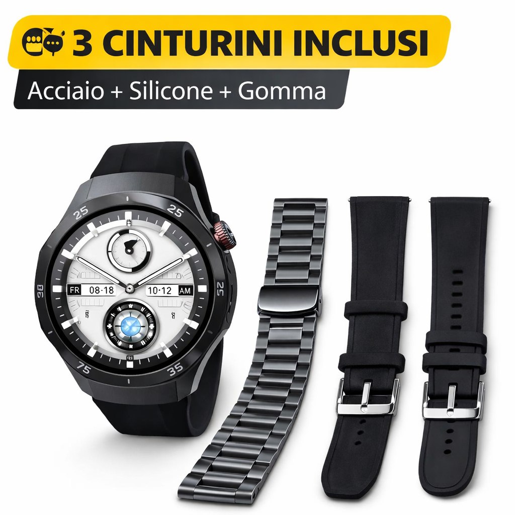 Smartwatch H2 con Chiamate, Notifiche, Monitoraggio Salute e Sport, 3 Cinturini Intercambiabili