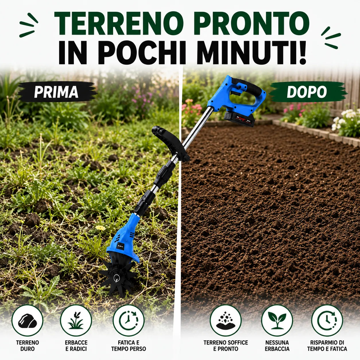 Micro Tiller a Batteria 48VF Mukins NL-3578 – Coltivatore Elettrico Cordless, Asta Regolabile e Pieghevole, 350W, 300 giri/min