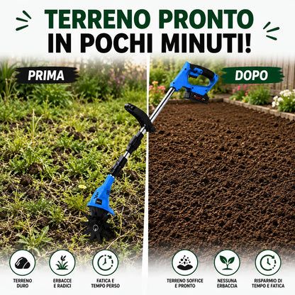 Micro Tiller a Batteria 48VF Mukins NL-3578 – Coltivatore Elettrico Cordless, Asta Regolabile e Pieghevole, 350W, 300 giri/min