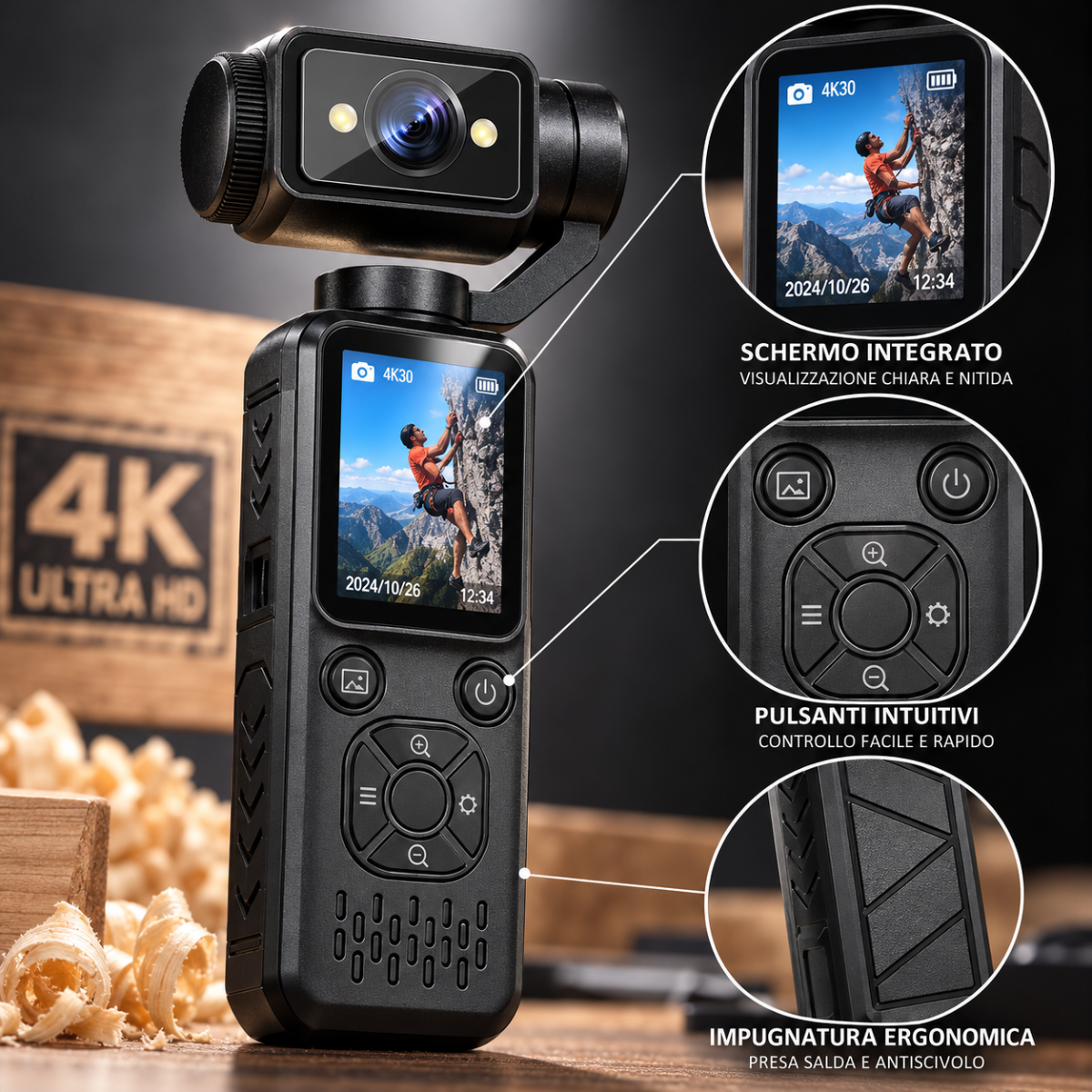 Action Cam Sportiva 4K con Testa Rotante 180°, Schermo LCD, Videocamera Portatile per Vlog, Viaggi, Sport e Riprese Outdoor