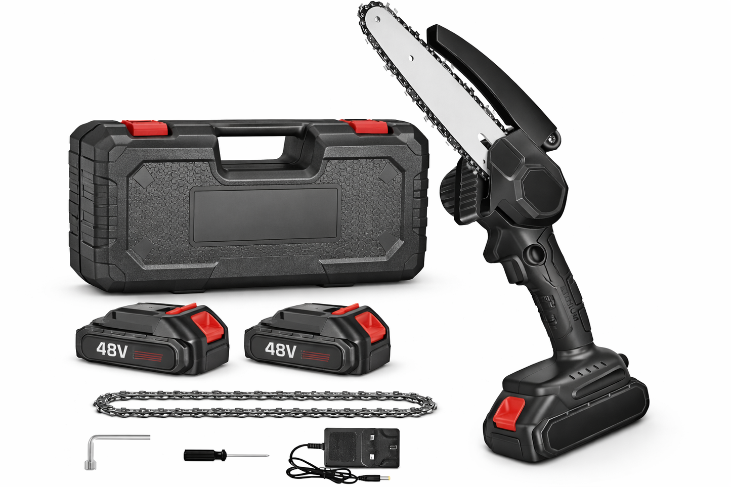 Mini Motosega Elettrica a Batteria 48V – Barra 6 Pollici, 2 Batterie al Litio e Catena di Ricambio – Leggera e Professionale per Potatura e Giardinaggio