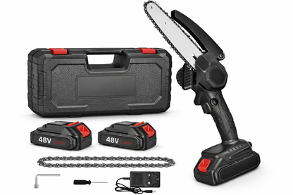 Mini Motosega Elettrica a Batteria 48V – Barra 6 Pollici, 2 Batterie al Litio e Catena di Ricambio – Leggera e Professionale per Potatura e Giardinaggio