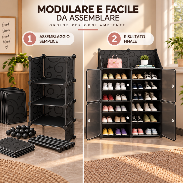 Scarpiera Smontabile Modulare a 4 Ante con 12 Ripiani, Struttura in Acciaio, Armadio Portascarpe Salvaspazio con Ante, Organizer per Ingresso, Camera e Corridoio - Nero