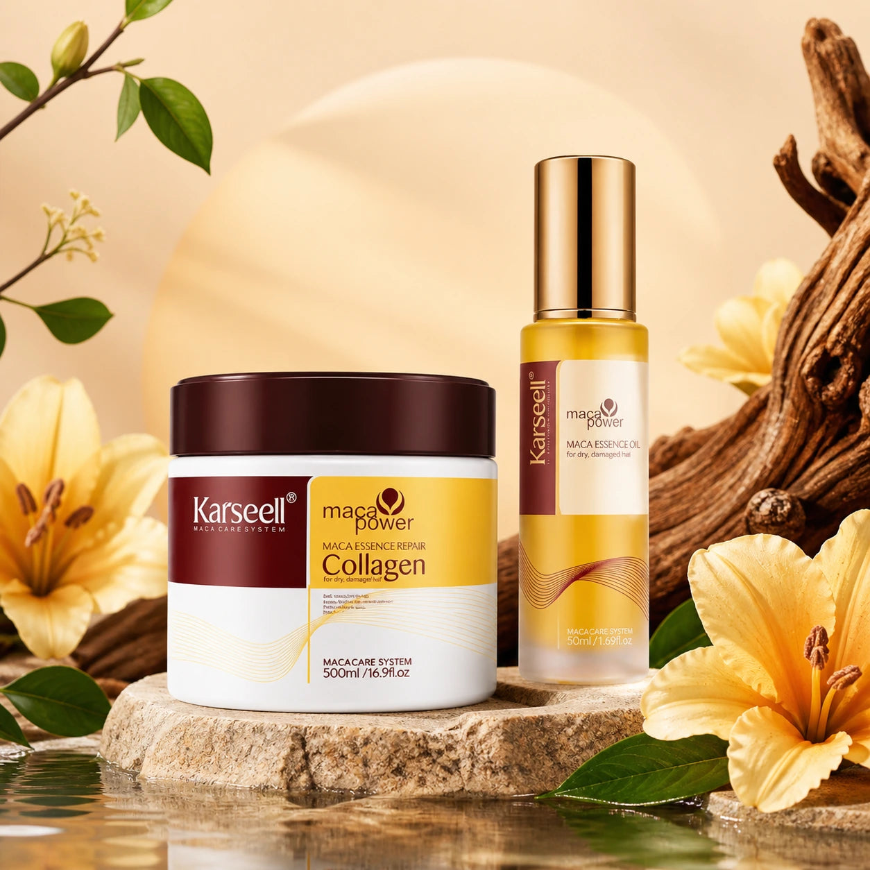 Karseell Maca Care System Set Riparazione Capelli Professionale – Maschera Collagene 500ml + Olio Argan 50ml – Nutriente Idratante Anticrespo Effetto Lucentezza per Capelli Secchi e Danneggiati