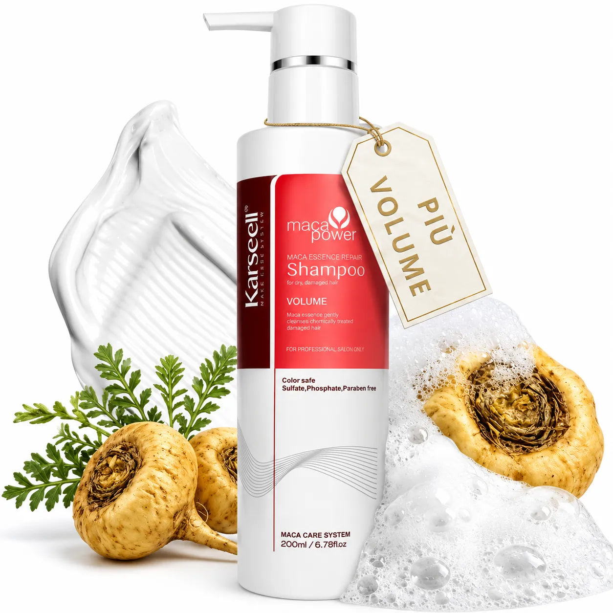 Karseell MACA CARE SYSTEM Shampoo Volumizzante 200 ml con Olio di Argan e Pantenolo – Volume e Corpo per Capelli Fini e Piatti – Detersione Delicata – Capelli Morbidi, Leggeri e Luminosi
