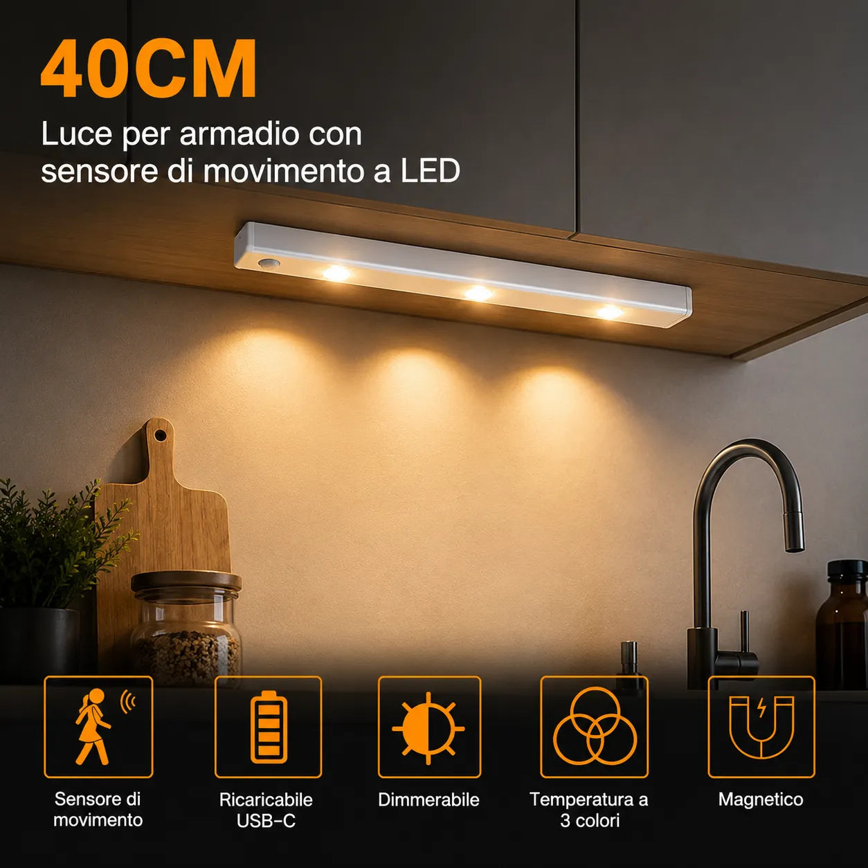 Luce LED Sottopensile 40 cm Ricaricabile con Sensore di Movimento