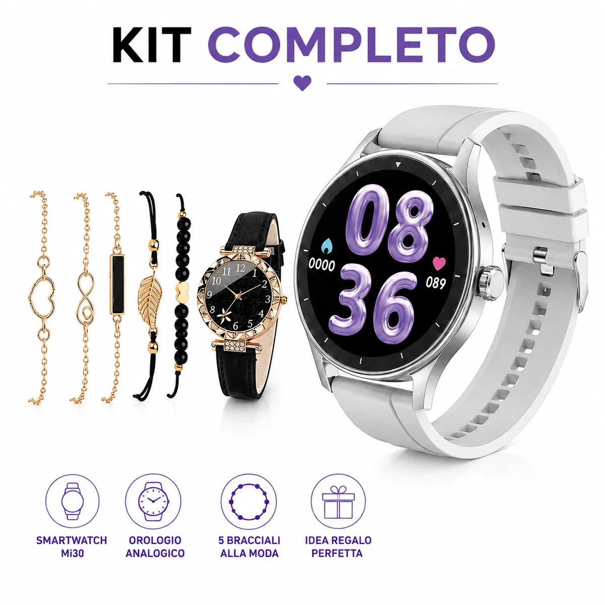 Beauty Miss Smartwatch AMOLED con Chiamate Bluetooth + Orologio – Kit Regalo Completo con 2 Cinturini e Set Bracciali, Fitness Tracker Android iOS
