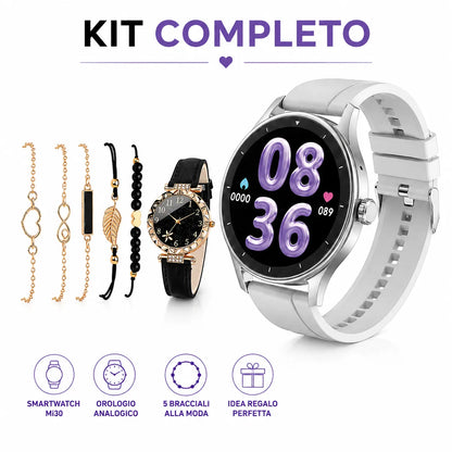 Beauty Miss Smartwatch AMOLED con Chiamate Bluetooth + Orologio – Kit Regalo Completo con 2 Cinturini e Set Bracciali, Fitness Tracker Android iOS