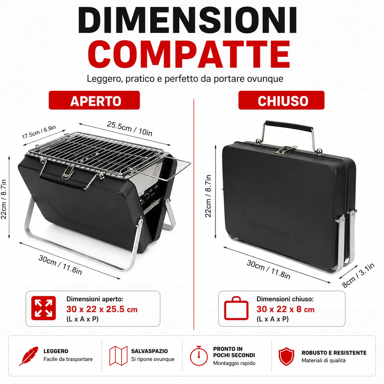 Barbecue Portatile Pieghevole a Valigetta in Acciaio Inox – Mini Griglia Compatta da Campeggio, Picnic, Giardino e Spiaggia con Griglia Ribaltabile e Scomparto Carbone Estensibile