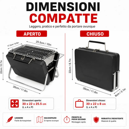 Barbecue Portatile Pieghevole a Valigetta in Acciaio Inox – Mini Griglia Compatta da Campeggio, Picnic, Giardino e Spiaggia con Griglia Ribaltabile e Scomparto Carbone Estensibile
