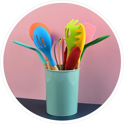 Set da cucina 12 pezzi in silicone e legno mestoli colorati nuovi