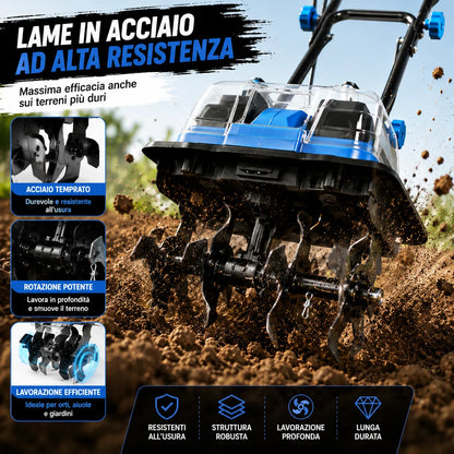 Motozappa Elettrica a Batteria Mukins NL-3579 88VF 550W con 2 Batterie al Litio, Coltivatore da Giardino Cordless, Larghezza Lavoro 30 cm, Profondità 20 cm, Manubrio Regolabile, 18000 giri/min