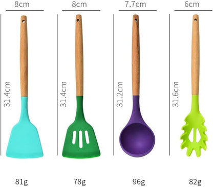 Set da cucina 12 pezzi in silicone e legno mestoli colorati nuovi