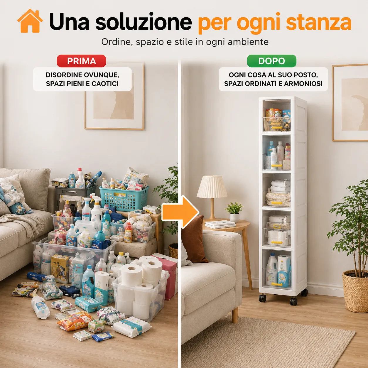 Mobile Salvaspazio Verticale con 5 Ripiani e Ruote – Armadio Slim Multiuso 20x30x138,5 cm – Organizer per Bagno, Cucina, Camera e Lavanderia – Apertura a Ribalta – Colore Bianco