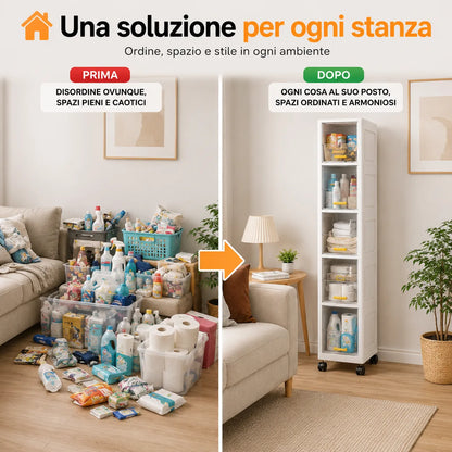 Mobile Salvaspazio Verticale con 5 Ripiani e Ruote – Armadio Slim Multiuso 20x30x138,5 cm – Organizer per Bagno, Cucina, Camera e Lavanderia – Apertura a Ribalta – Colore Bianco