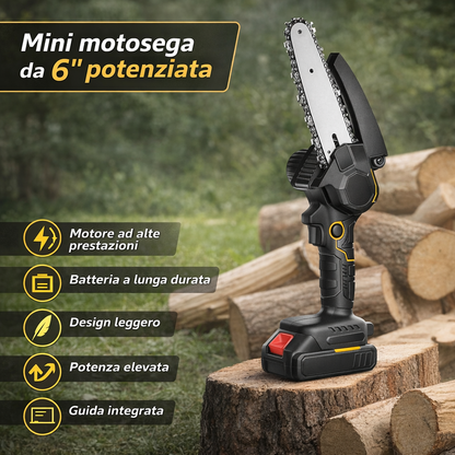 Mini Motosega Elettrica a Batteria 48V – Barra 6 Pollici, 2 Batterie al Litio e Catena di Ricambio – Leggera e Professionale per Potatura e Giardinaggio