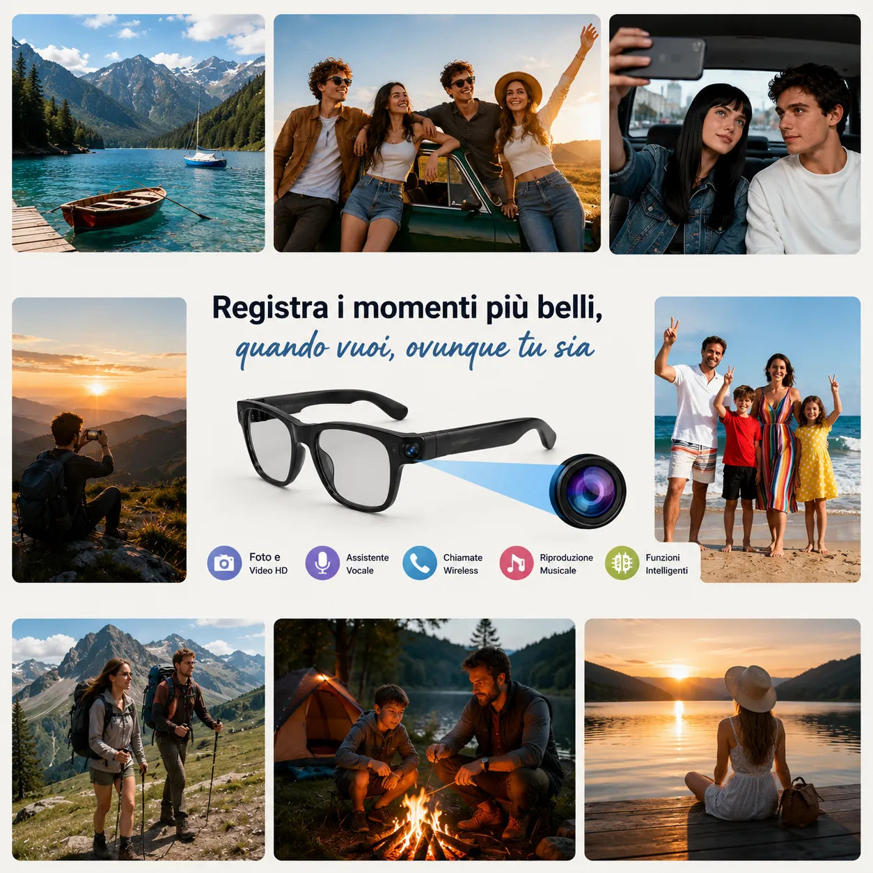 Occhiali Smart AI con Telecamera HD 8MP, Assistente Vocale, Bluetooth 5.4, Foto e Video, Speaker Integrati, Touch Control, USB-C