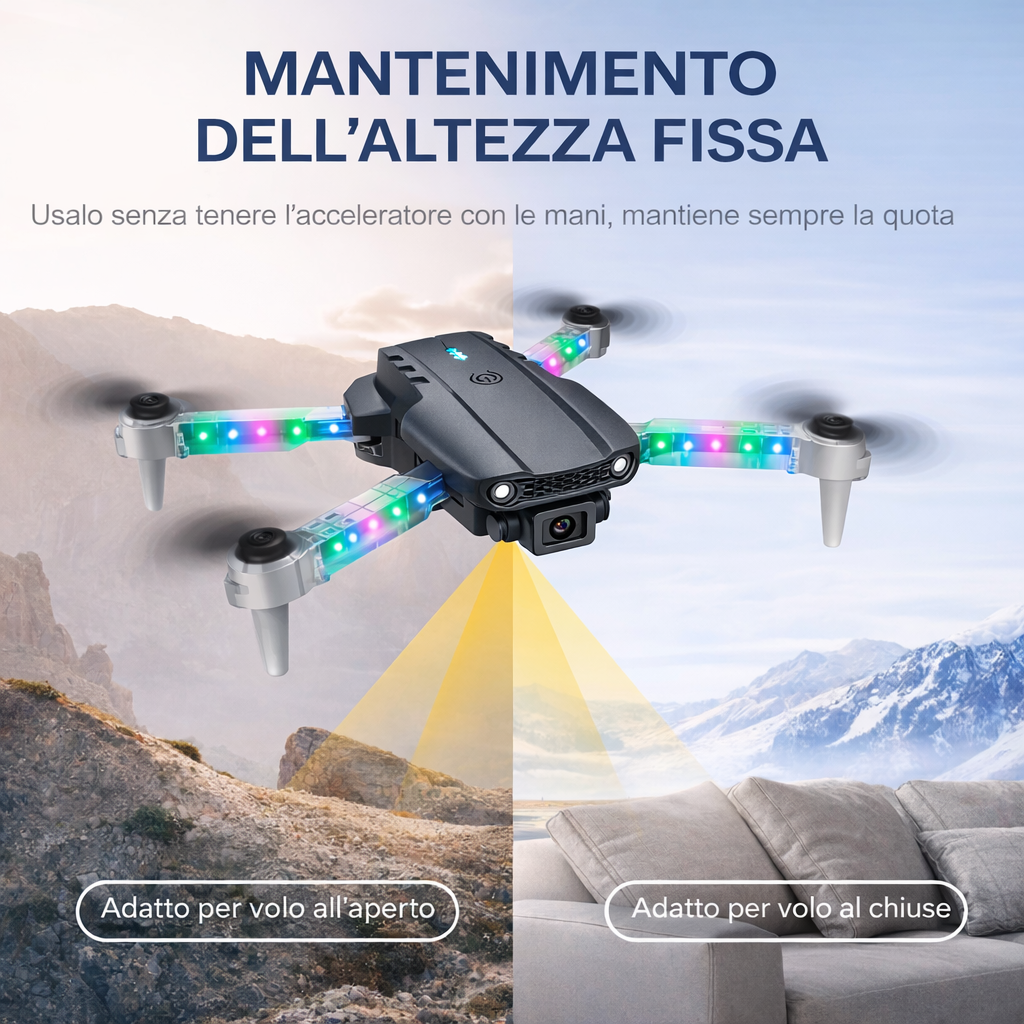 Drone pieghevole E88 D Pro con app e doppia fotocamera HD, luci LED, controllo remoto e mantenimento altezza