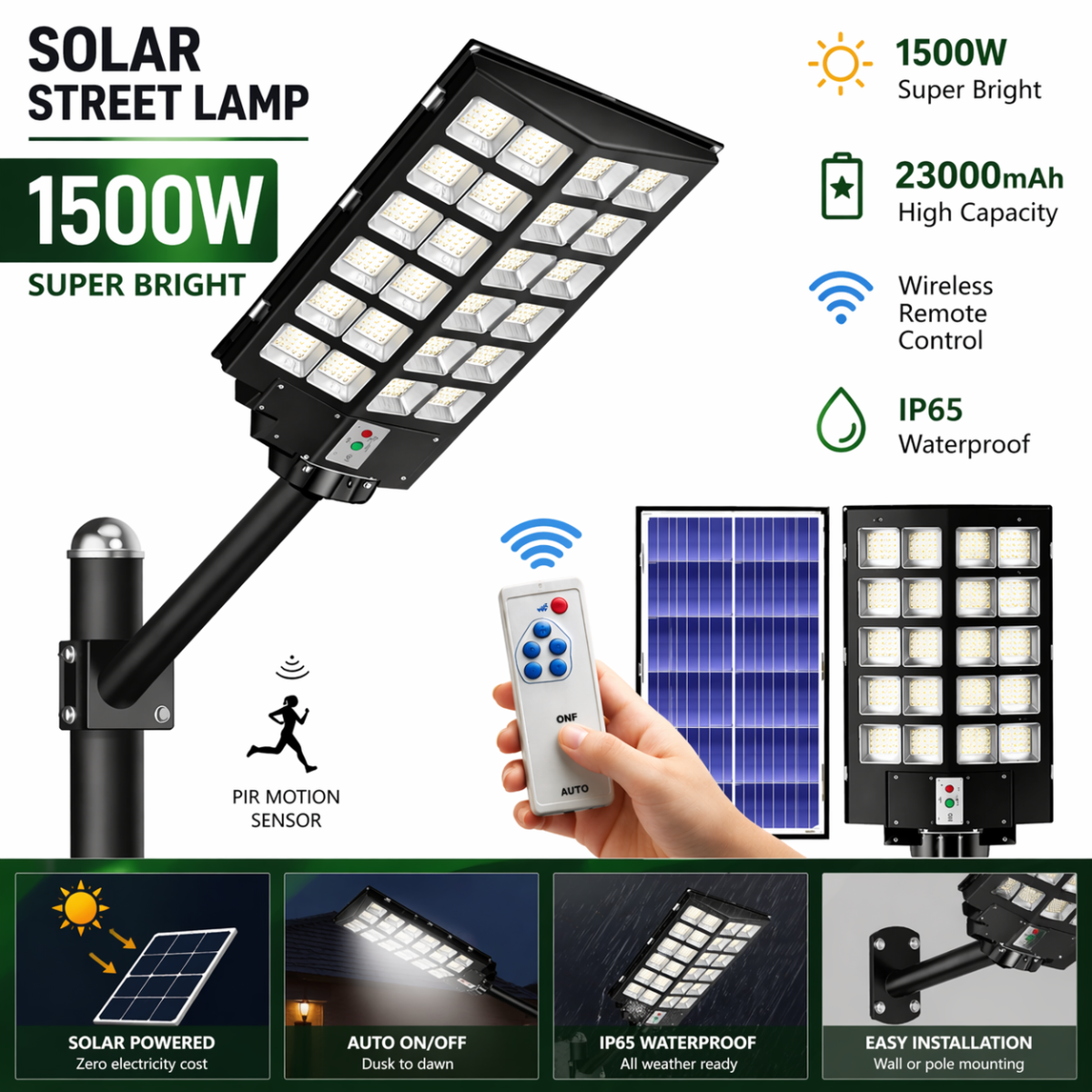 Lampione Solare LED 1500W con Telecomando – 18000mAh, Sensore Movimento, IP66 Impermeabile, Faro Stradale Esterno Alta Luminosità