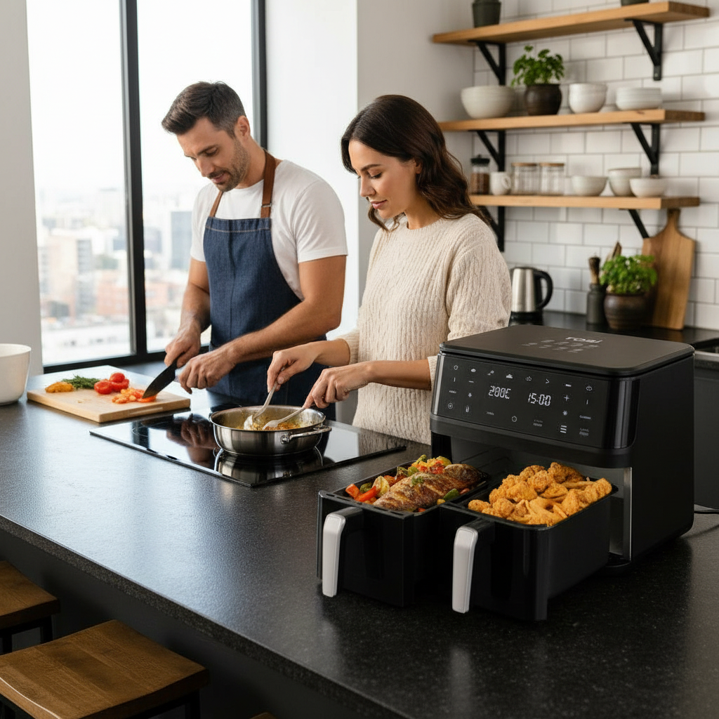 Friggitrice Tobi ad Aria Dual Zone 15L – Doppio Cestello Indipendenti | 2400W, Touch LED, 8 Programmi Black Limited Edition