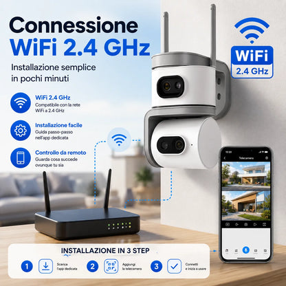 Telecamera WiFi Esterno 6MP Doppia Lente PTZ 355° Auto Tracking AI Visione Notturna a Colori Audio Bidirezionale IP67
