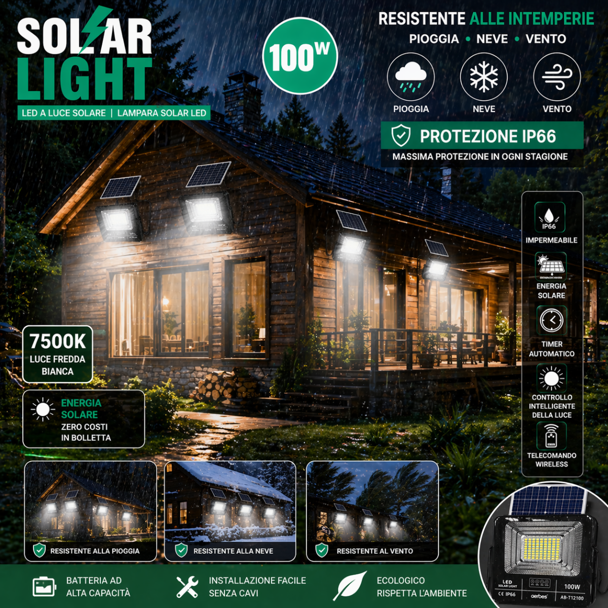 Faro LED Solare 100W con Pannello | IP66 Impermeabile | Telecomando Wireless | Luce Fredda 7500K per Esterni