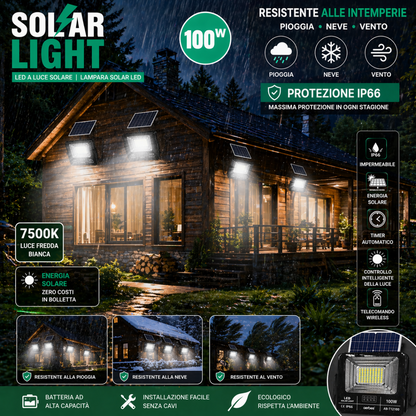 Faro LED Solare 100W con Pannello | IP66 Impermeabile | Telecomando Wireless | Luce Fredda 7500K per Esterni