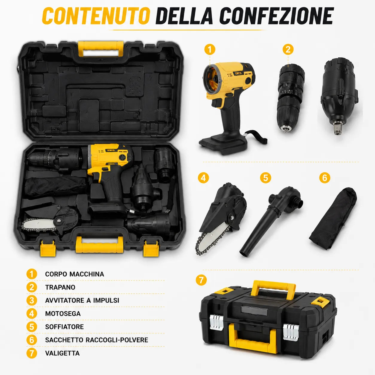 Kit Multifunzione a Batteria 5 in 1 con Valigetta – Trapano, Avvitatore ad Impulsi, Mini Motosega, Soffiatore e Cavo Flessibile