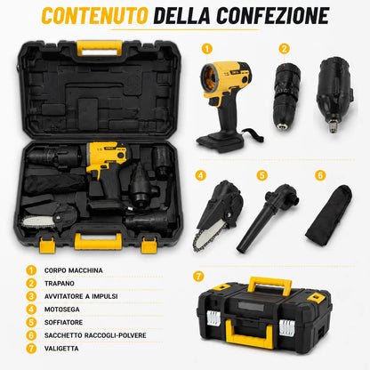 Kit Multifunzione a Batteria 5 in 1 con Valigetta – Trapano, Avvitatore ad Impulsi, Mini Motosega, Soffiatore e Cavo Flessibile