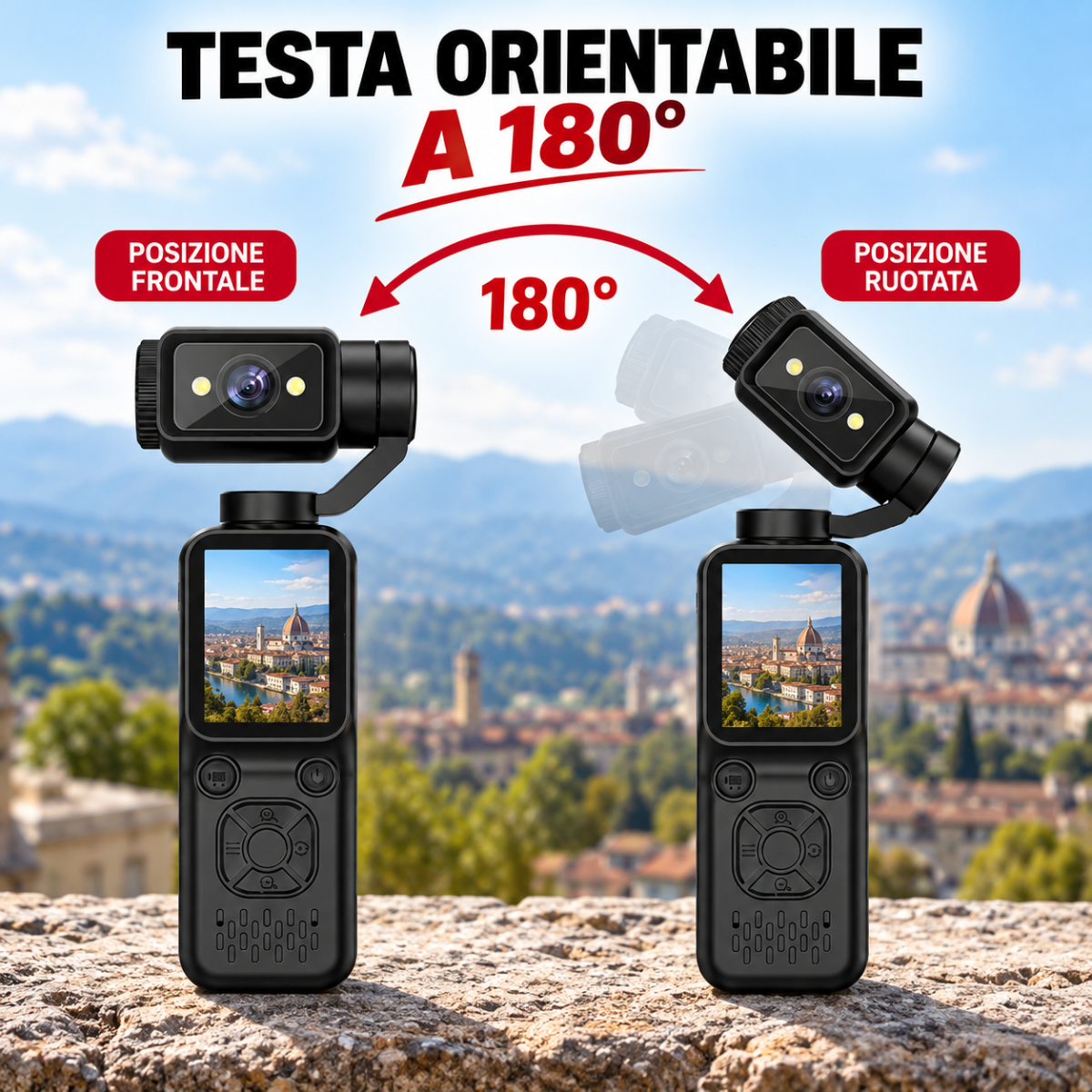Action Cam Sportiva 4K con Testa Rotante 180°, Schermo LCD, Videocamera Portatile per Vlog, Viaggi, Sport e Riprese Outdoor